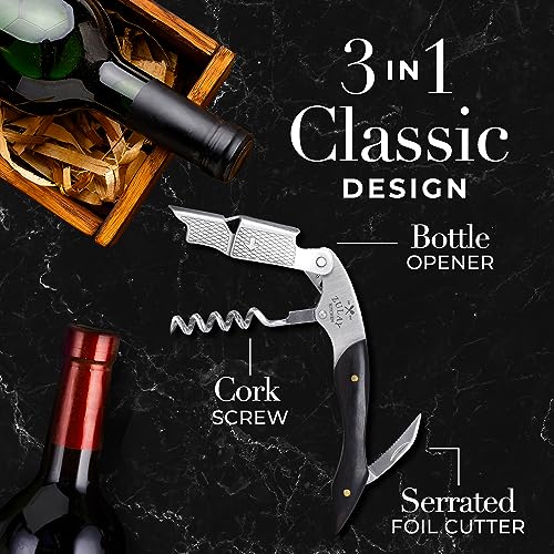 Zulay Wine Opener - Professional Corkscrew Wine Opener with Foil Cutter & Cap Remover - Double Hinged Wine Bottle Opener - Manual Wine Key for Servers, Waiters, Bartenders & Home Use - Ebony