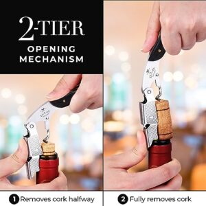 Zulay Wine Opener - Professional Corkscrew Wine Opener with Foil Cutter & Cap Remover - Double Hinged Wine Bottle Opener - Manual Wine Key for Servers, Waiters, Bartenders & Home Use - Ebony