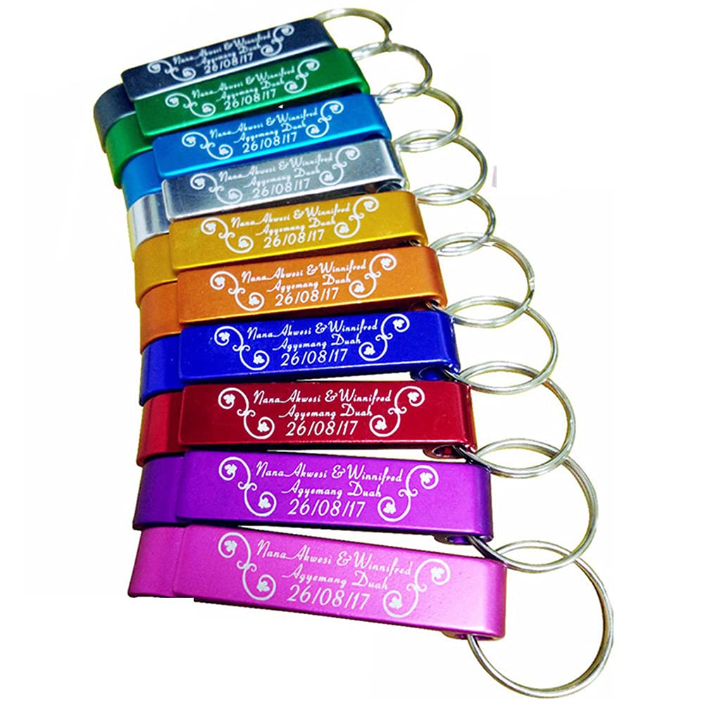 Clibeslty 100Pcs Personalized Bottle Opener Keychain Custom Bottle Opener Wedding Favors, Birthdays, Business Halloween Christmas Party Favors Gift