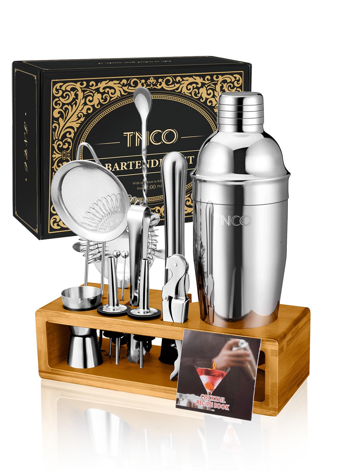 Bartender Kit, TNCO Cocktail Shaker Set with Stand,Bar Set Drink Mixer Set with All Essential Bar Accessory,Martini Mixer Cup with Muddler,Jigger, Strainer,Ice Tongs,Spoon,Liquor Pourers,Ice Filter