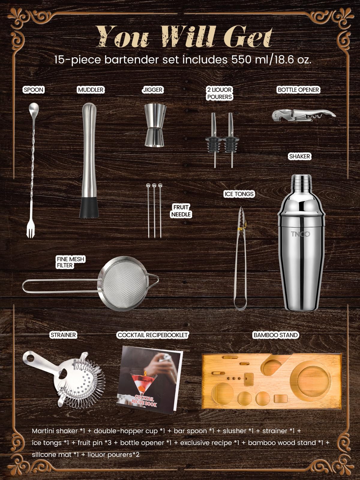 Bartender Kit, TNCO Cocktail Shaker Set with Stand,Bar Set Drink Mixer Set with All Essential Bar Accessory,Martini Mixer Cup with Muddler,Jigger, Strainer,Ice Tongs,Spoon,Liquor Pourers,Ice Filter