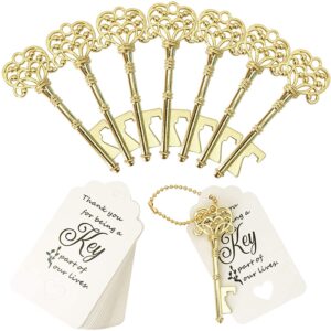 wodegift 20 pcs key bottle openers,vintage skeleton key bottle opener,wedding favors bottle opener with 20pcs tag cards and 20pcs key chains(gold）