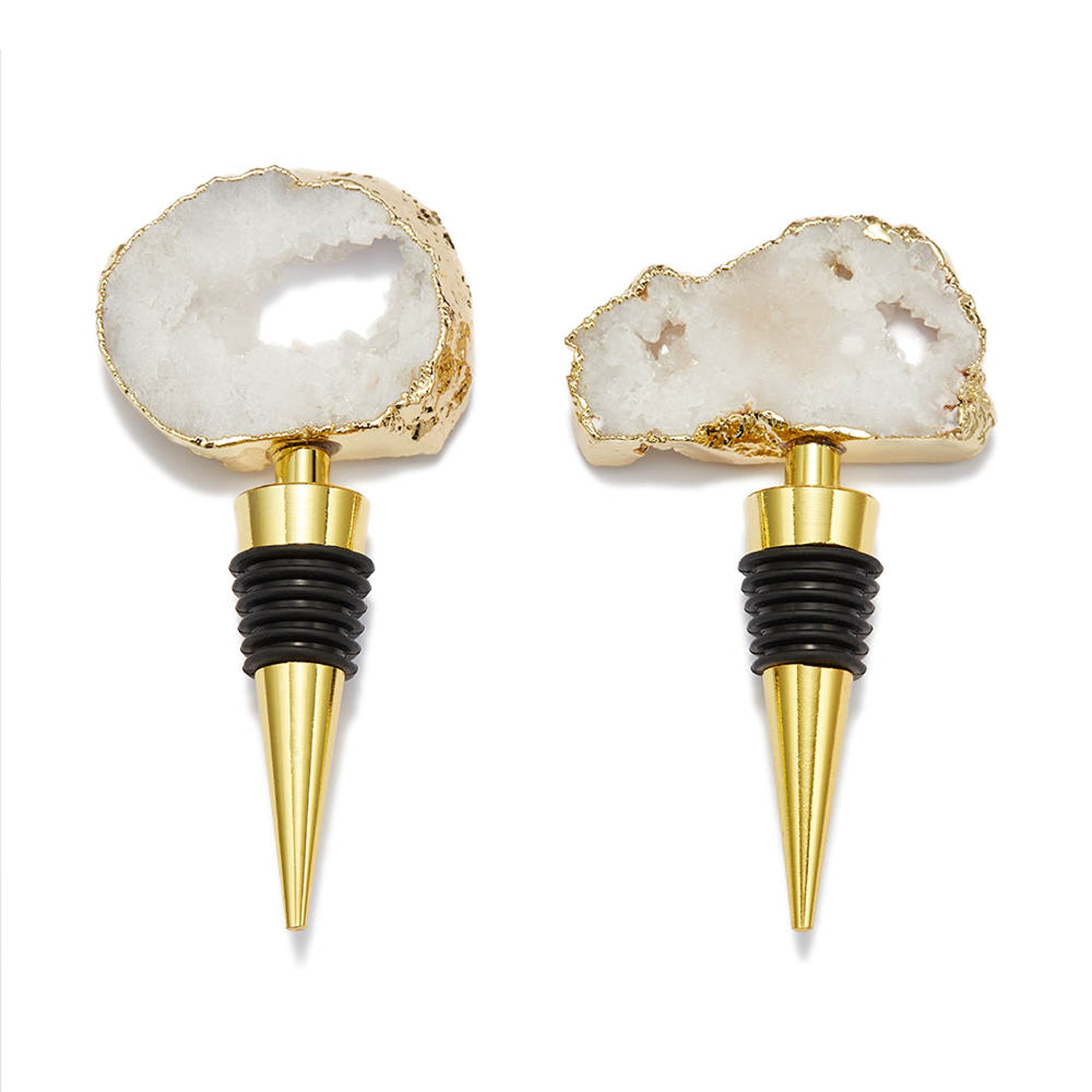 Sip and Shimmer Crystal Wine Bottle Stoppers – 2-Pcs Set Gemstone Champagne Stoppers for Bottles – Cute Wine Accessories for Bridal Shower, Wedding, Party – Gold Geode Decorative Wine Stoppers