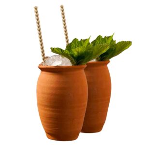 LAVO HOME Red Clay Terra Cotta Mexican Pottery Cantaritos Cocktail Drink Cups, Traditional Authentic Cantarito De Barro Jarritos - 12 oz - Made in Mexico - Micheladas & Palomas (Set of 2)