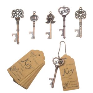 makhry 50pcs wedding favors key bottle opener, vintage skeleton key bottle opener with escort tags and key chains gifts for guests rustic wedding party & reception souvenir decorations (copper)