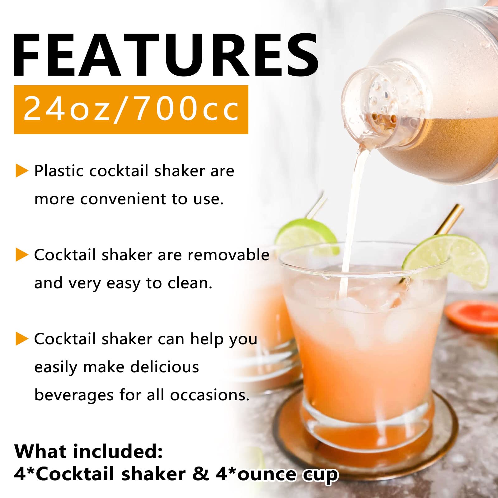 Plastic Cocktail Shaker 4 Pack 24oz Drink Mixer Gift Boxed With 4 Pack Ounce Cup Clear Bar Set