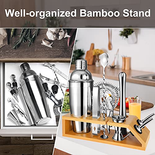 Cocktail Shaker Set Bartender Kit: 10-Piece Premium Stainless Steel Martini Shaker Set with Bamboo Stand Includes a 25 oz Shaker to Make Mixing Wonderful