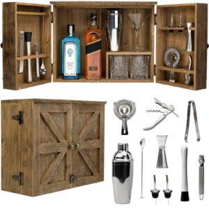 excello global products barndoor bartender cabinet with 10 piece bar tool set: the perfect kit for home bartenders (rustic brown)