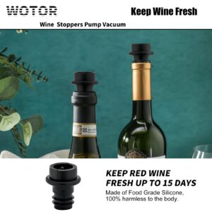 WOTOR Wine Pump Vacuum Stoppers, Silicone Wine Saver, Wine Bottle Stopper, Wine Preserver, Reusable Bottle Sealer Keeps Wine Fresh (Black, 12 Pieces)