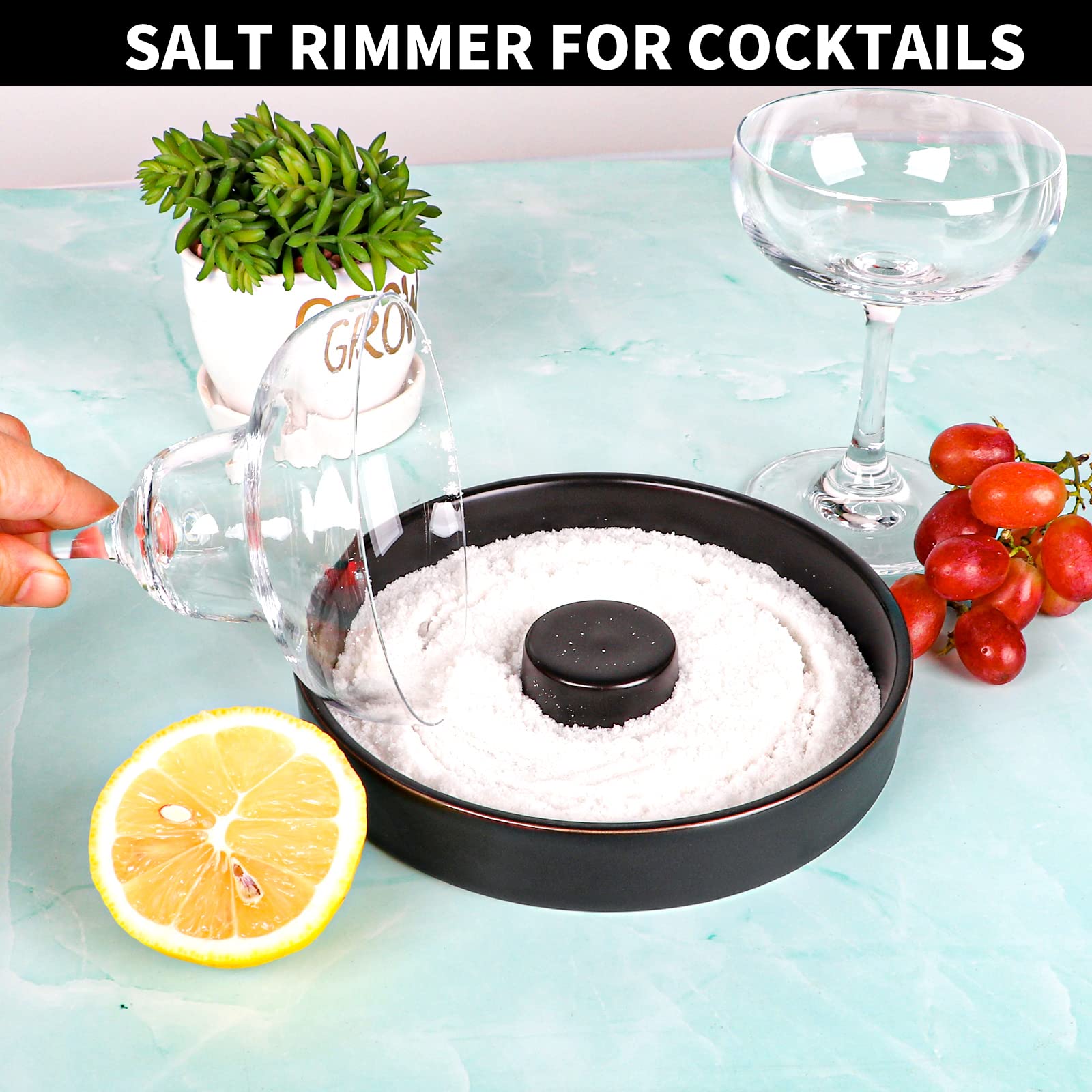 Hewomate Margarita Salt Rimmer, 2 Pack Ceramic Salt Rimmer for Cocktails, Sugar Glass Rimmer for Tajin Seasoning, Home Bar Accessories, Fits Up to 5.5" Wide Glasses, Black