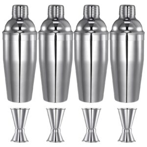 4 packs cocktail shaker set martini shaker bulk stainless steel martini mixer with strainer drink shaker with double measuring jigger for bar party home use wine shaker bar mixing tool (25 oz/ 750 ml)