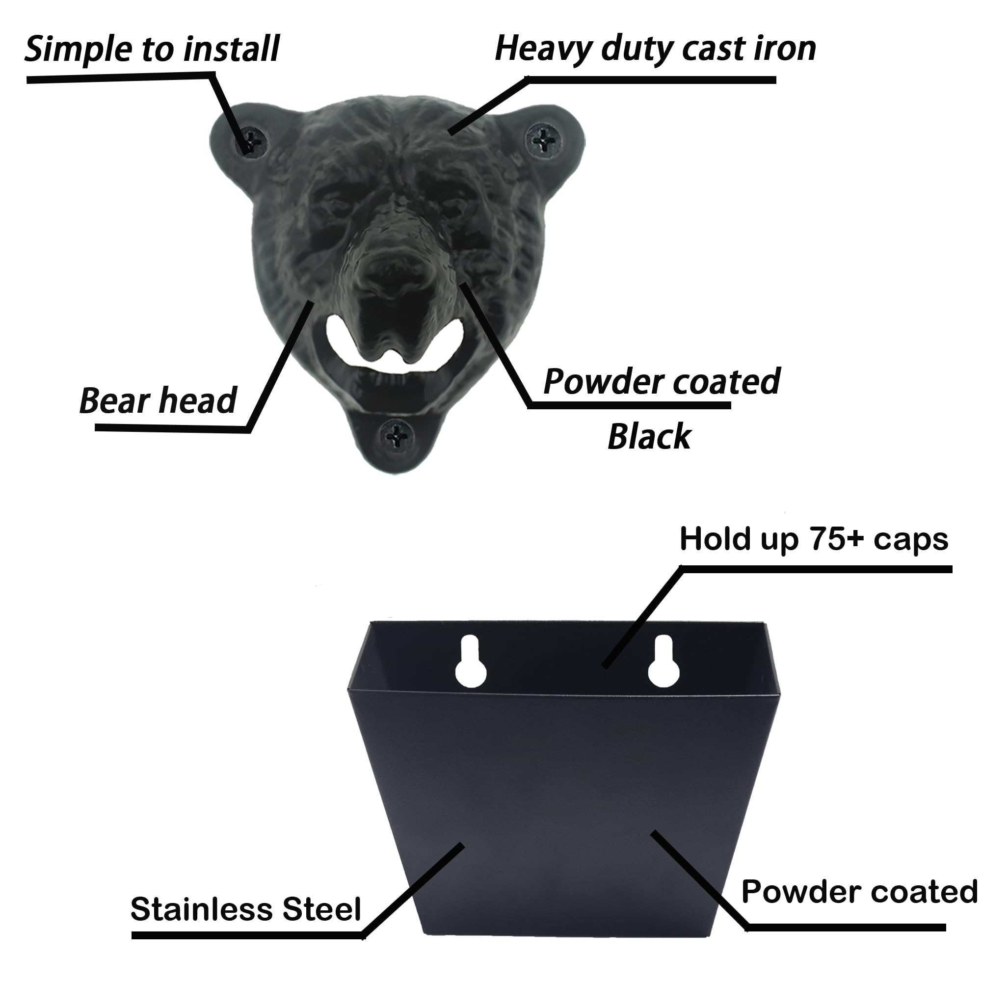 Luwanburg Black Bear Head Cast Iron Bottle Opener Wall Mounted with Cap Catcher Bundle