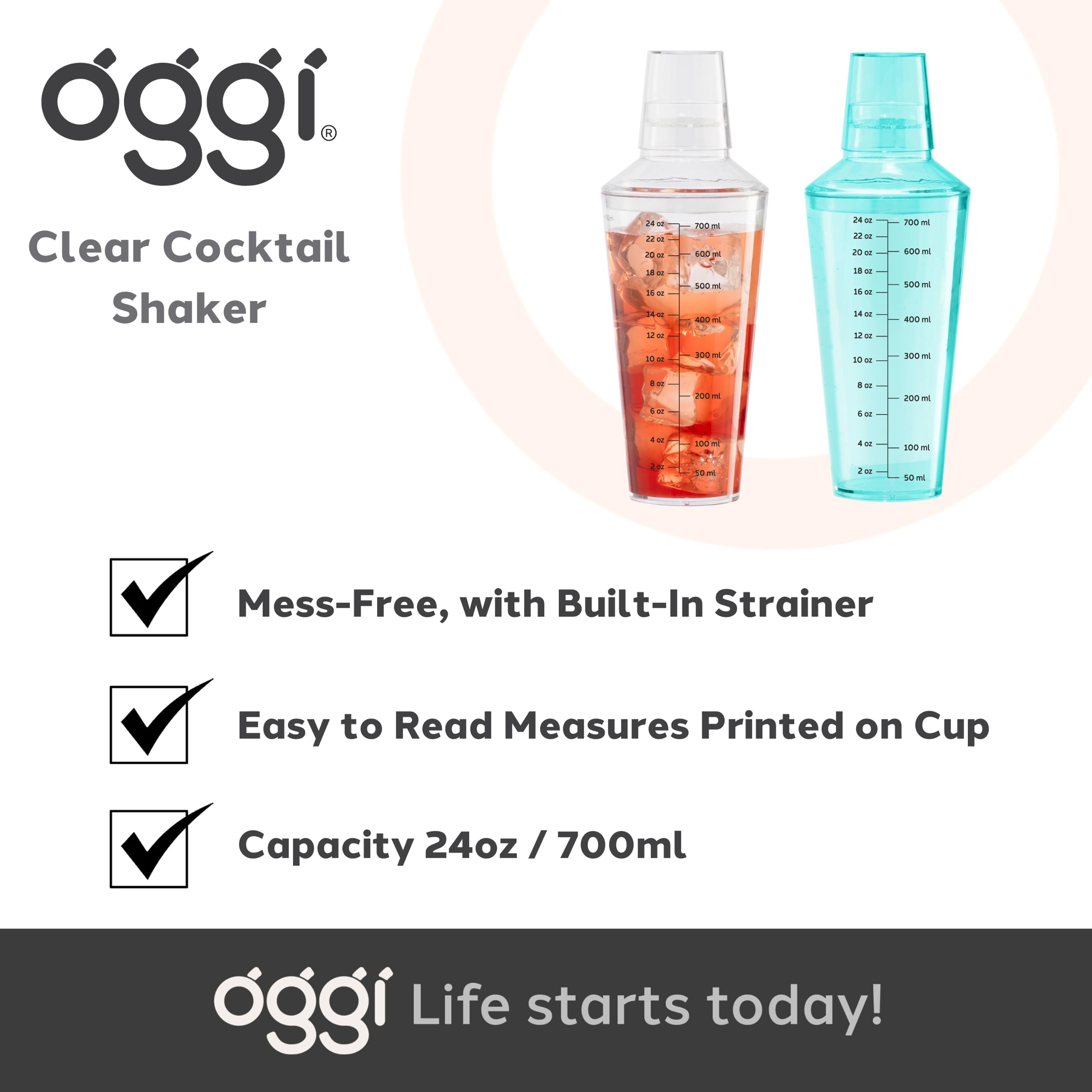 OGGI Clear Cocktail Shaker - 24 oz / 700 ml, Clear Durable Plastic Construction, Built in Strainer - Ideal Home Bar Drink Mixer, Bartender Kit, Essential Bar Accessories, Clear