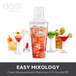 OGGI Clear Cocktail Shaker - 24 oz / 700 ml, Clear Durable Plastic Construction, Built in Strainer - Ideal Home Bar Drink Mixer, Bartender Kit, Essential Bar Accessories, Clear