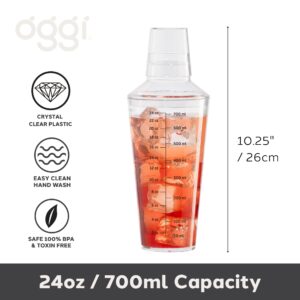 OGGI Clear Cocktail Shaker - 24 oz / 700 ml, Clear Durable Plastic Construction, Built in Strainer - Ideal Home Bar Drink Mixer, Bartender Kit, Essential Bar Accessories, Clear