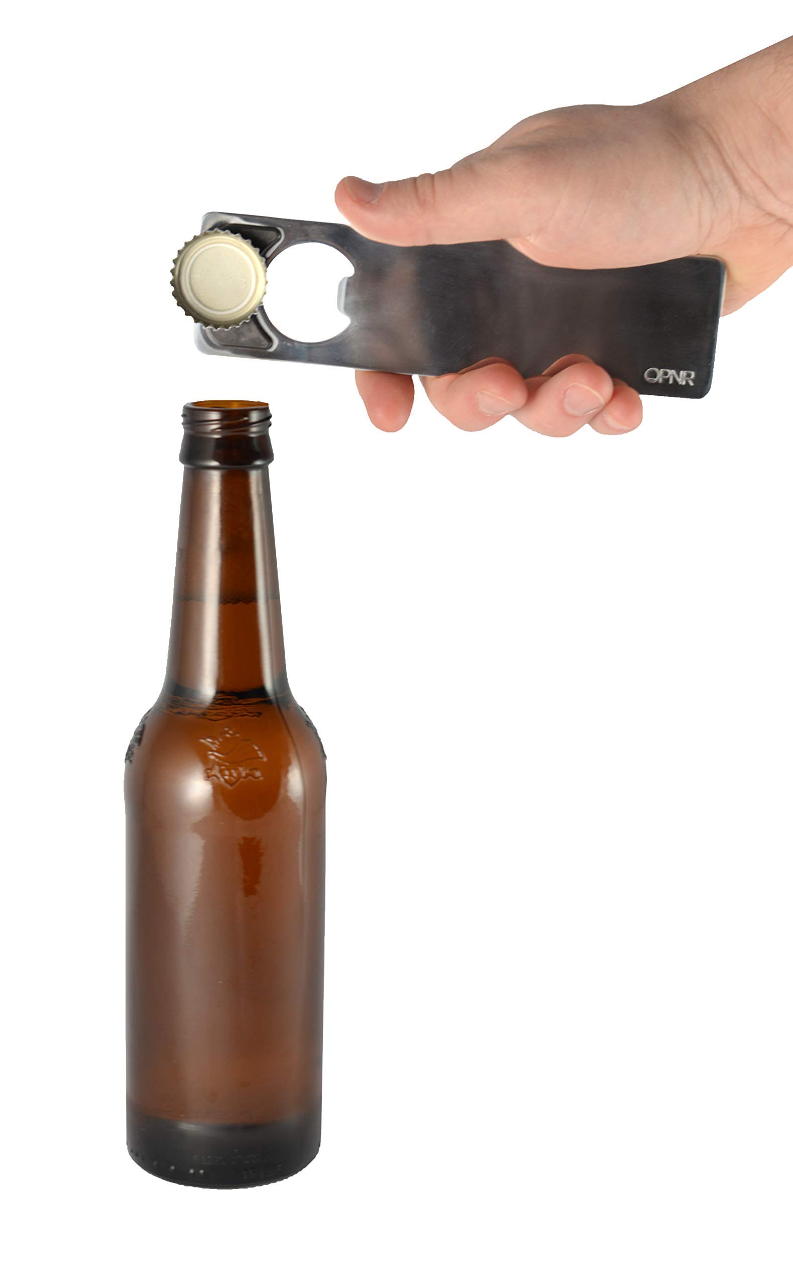 OPNR Bottle Opener with Magnetic Lid Catch, Beer, Soda, Home Bar, or Bartender Use | Catch caps, stick on fridge! | Heavy-Duty Stainless-Steel | Manual, Handheld Operation | Portable (BRUSHED)