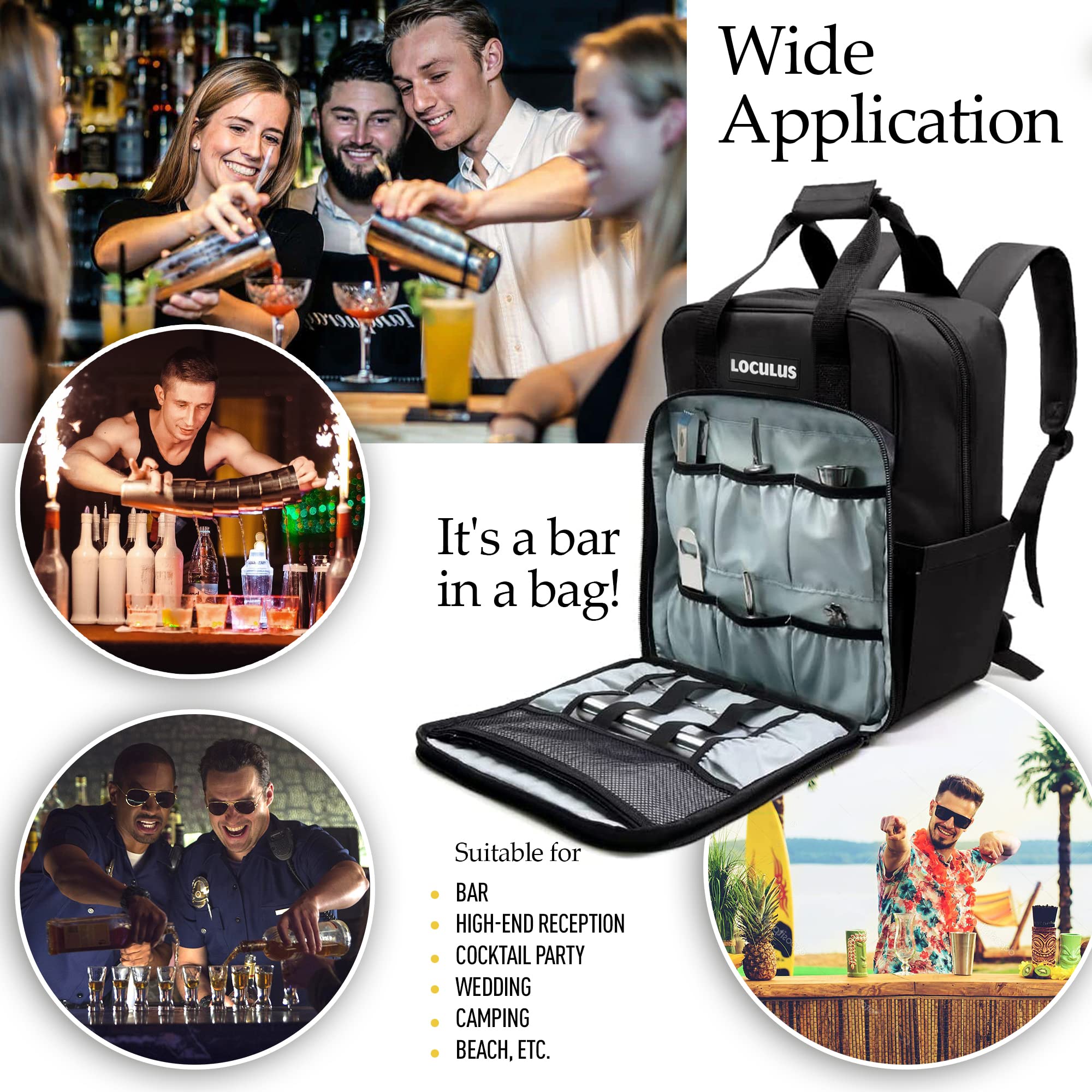 Loculus Bartender Bag Only & Travel Bar Backpack - Organize Your Bartender Travel Kit Tools with Style with this Bar Bag for Bartending Essentials - Versatile Cocktail Tool Set Bag - Black & Silver