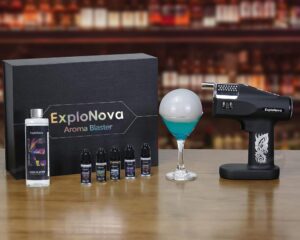 explonova cocktail smoke gun, vapour blaster cocktail bubble smoke gun with 5-flavour aroma liquid and edible bubble for food and drink,whiskey,bourbon,rum, bar/home use, gift for father/husband