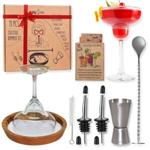 margarita salt rimmer set – 11 pcs: 1 large acacia wood glass rimmer dish, 1 double jigger, 1 mixing spoon,2 pourers, 4 caps, 1 brush. cocktail rimmer set with 7.1" wide margarita rimmer tray