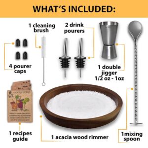 Margarita Salt Rimmer Set – 11 Pcs: 1 Large Acacia Wood Glass Rimmer Dish, 1 Double Jigger, 1 Mixing Spoon,2 Pourers, 4 Caps, 1 Brush. Cocktail Rimmer Set with 7.1" Wide Margarita Rimmer Tray