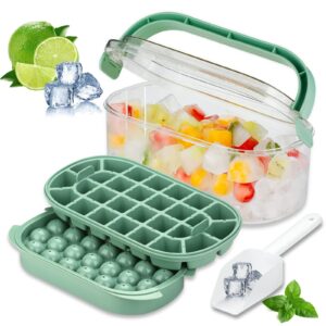 ice cube tray for freezer with lid and portable ice bin,bpa free round ice trays,ice bucket with cover&handle and ice scoop,28 nuggets ice mold and 26 mini sphere ice cubes,set of 2