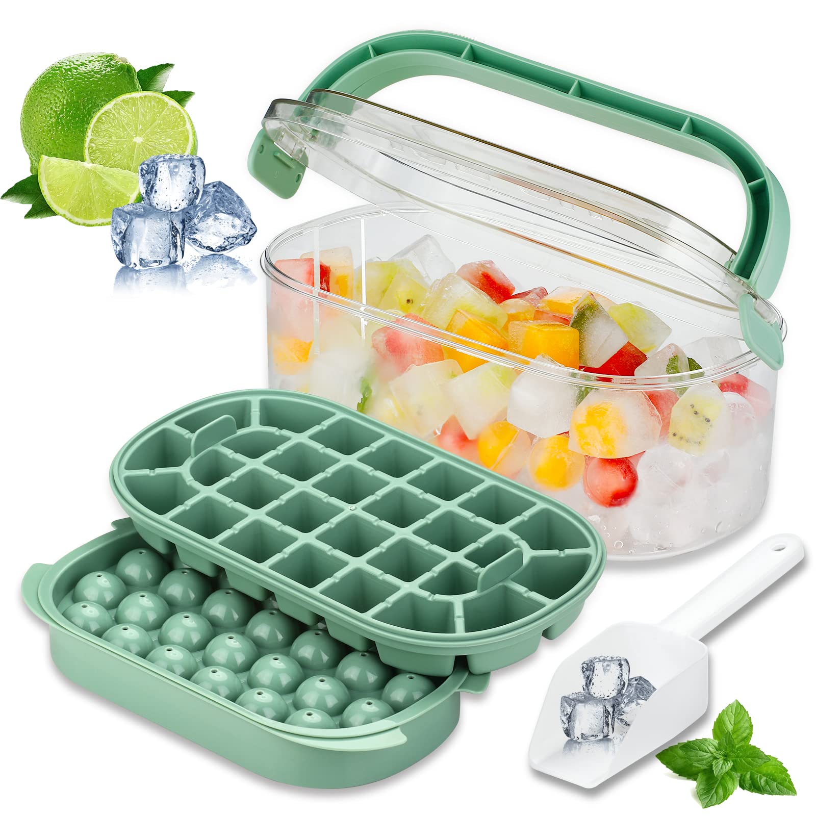 Ice Cube Tray for Freezer with Lid and Portable Ice Bin,BPA Free Round Ice Trays,Ice Bucket with Cover&Handle and Ice Scoop,28 Nuggets Ice Mold and 26 Mini Sphere Ice Cubes,Set of 2