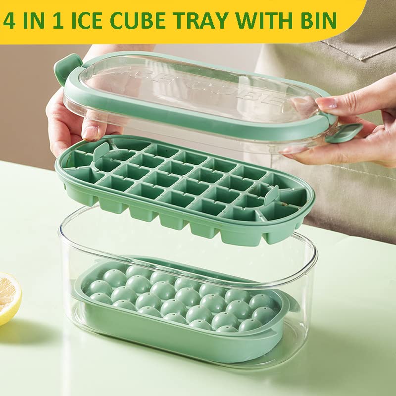 Ice Cube Tray for Freezer with Lid and Portable Ice Bin,BPA Free Round Ice Trays,Ice Bucket with Cover&Handle and Ice Scoop,28 Nuggets Ice Mold and 26 Mini Sphere Ice Cubes,Set of 2