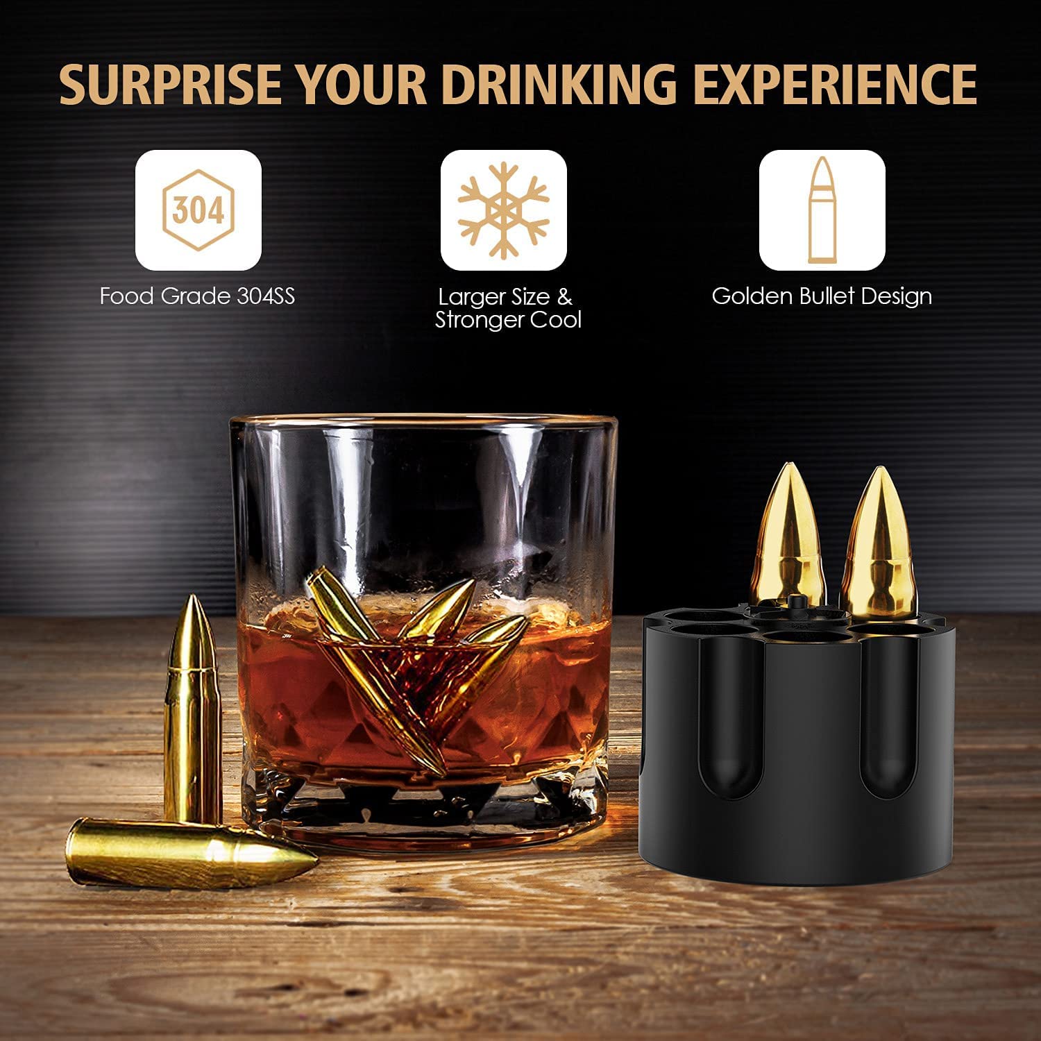 Chouggo Bullet Whiskey Stones with Vintage Wooden Case, Stainless Steel Ice Cubes, Whiskey Gift Set for Men, Dad, Husband, Boyfriend