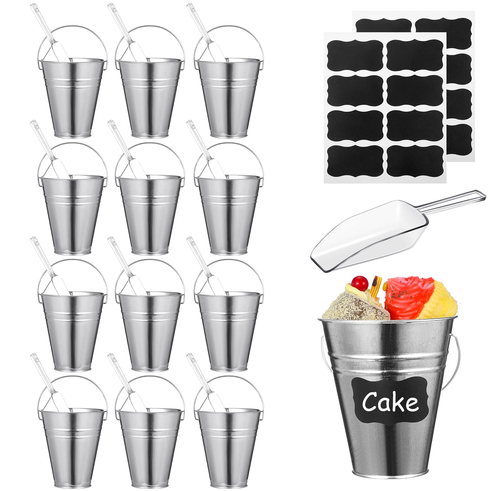 12 Pcs Galvanized Bucket with 12 Pcs Clear Plastic Ice Scoop 20.3 oz Metal Beer Bucket with Handle Metal Pail Mini Toy Container 16 Pcs Blackboard Sticker for Candy Popcorn Snacks Party Supplies