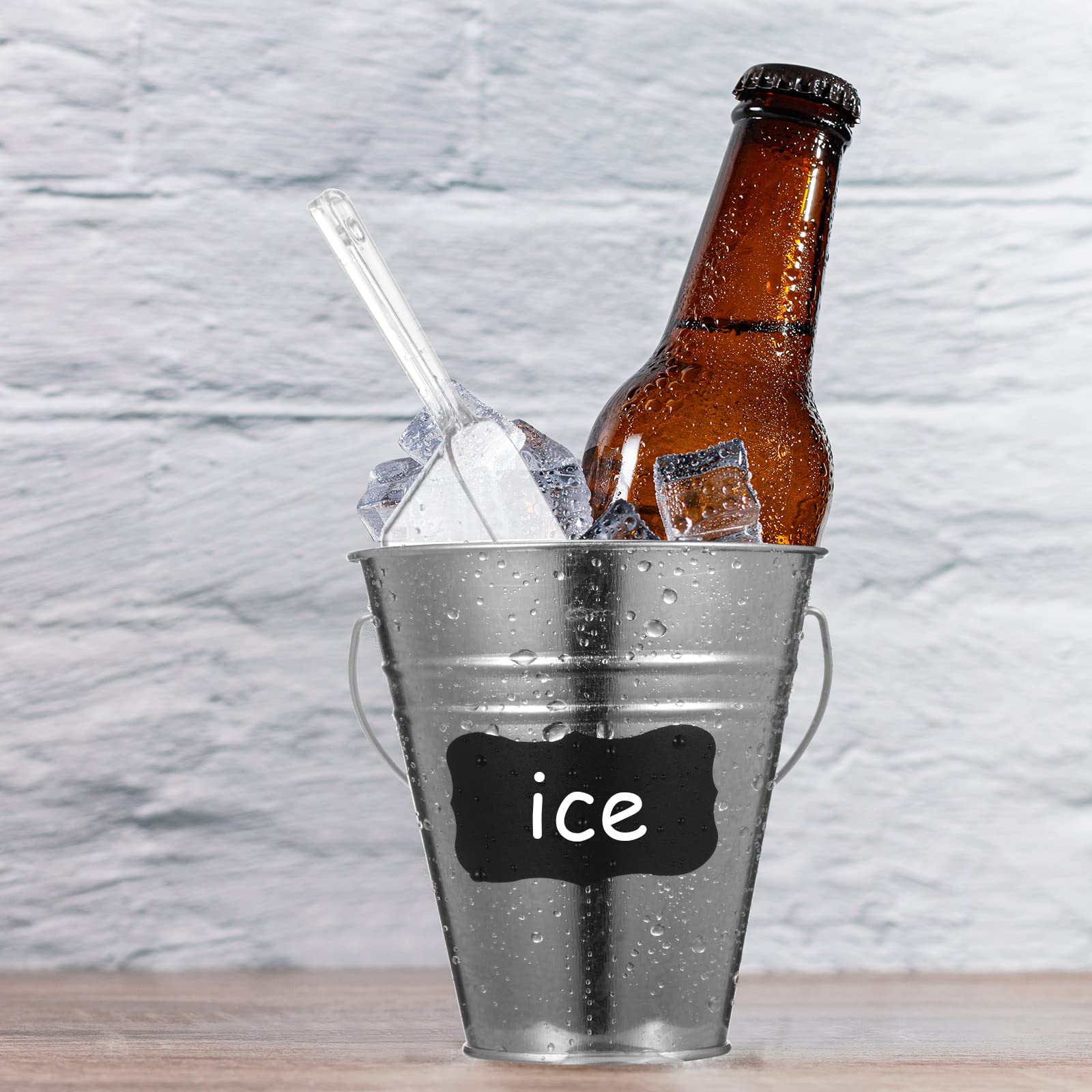 12 Pcs Galvanized Bucket with 12 Pcs Clear Plastic Ice Scoop 20.3 oz Metal Beer Bucket with Handle Metal Pail Mini Toy Container 16 Pcs Blackboard Sticker for Candy Popcorn Snacks Party Supplies