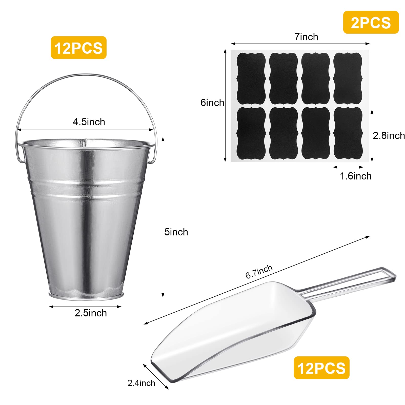 12 Pcs Galvanized Bucket with 12 Pcs Clear Plastic Ice Scoop 20.3 oz Metal Beer Bucket with Handle Metal Pail Mini Toy Container 16 Pcs Blackboard Sticker for Candy Popcorn Snacks Party Supplies