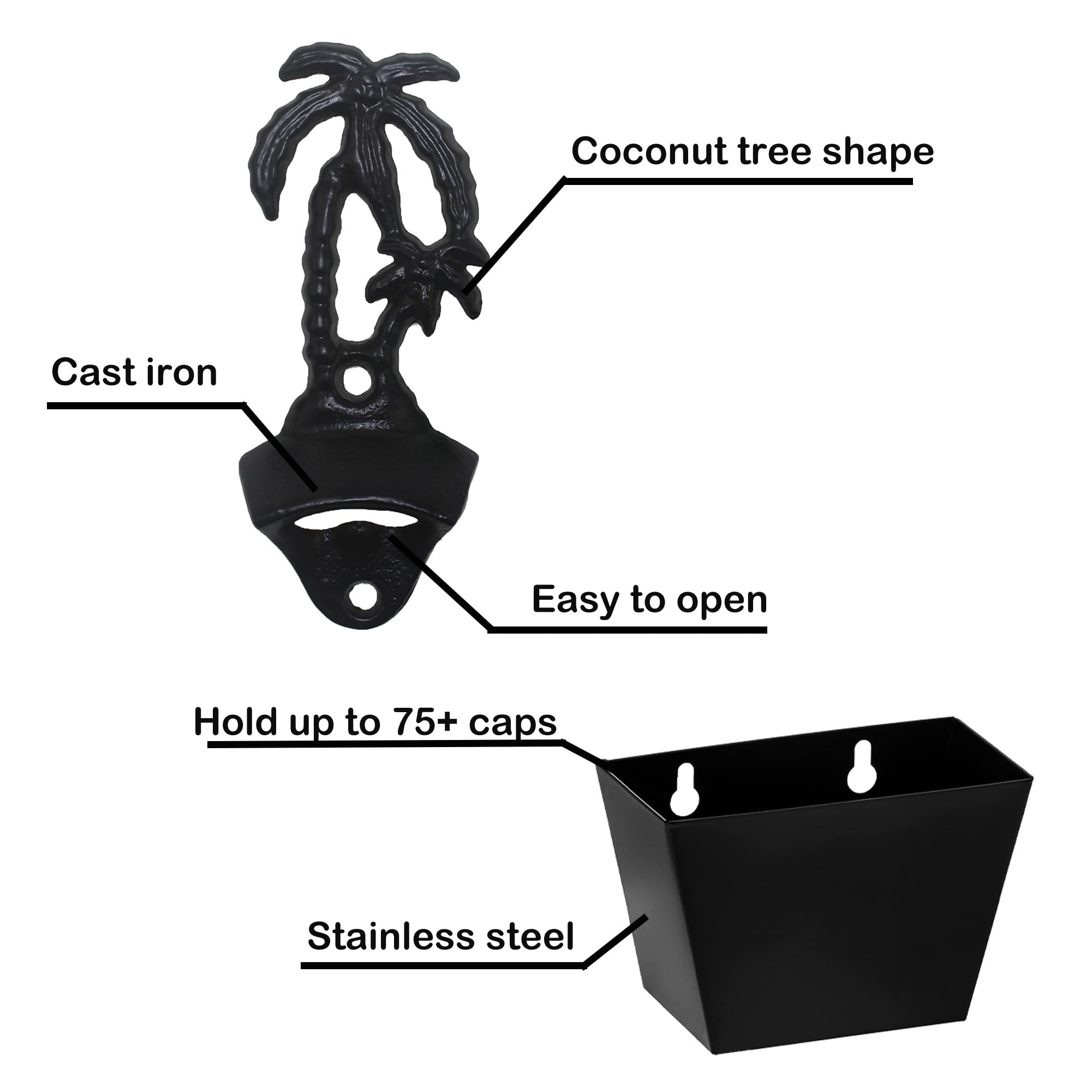 Luwanburg Black Palm Tree Cast Iron Beer Bottle Opener Wall Mounted with Cap Catcher Bundle for Beach Theme Gifts