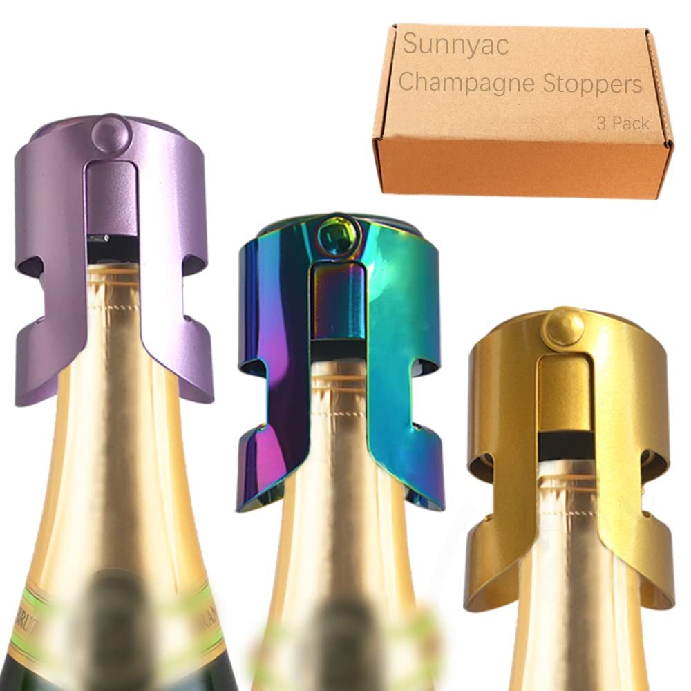 Kitwinney Champagne Stoppers Stainless Steel, Pack of 3 Wine Bottle Stopper with Built-in Silicone Plug Sealer, Leakproof Bottles Caps and Toppers Accessories to Keep Sparkling Wine Fresh (Multi)