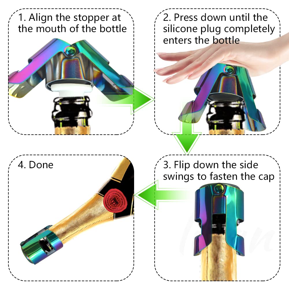 Kitwinney Champagne Stoppers Stainless Steel, Pack of 3 Wine Bottle Stopper with Built-in Silicone Plug Sealer, Leakproof Bottles Caps and Toppers Accessories to Keep Sparkling Wine Fresh (Multi)