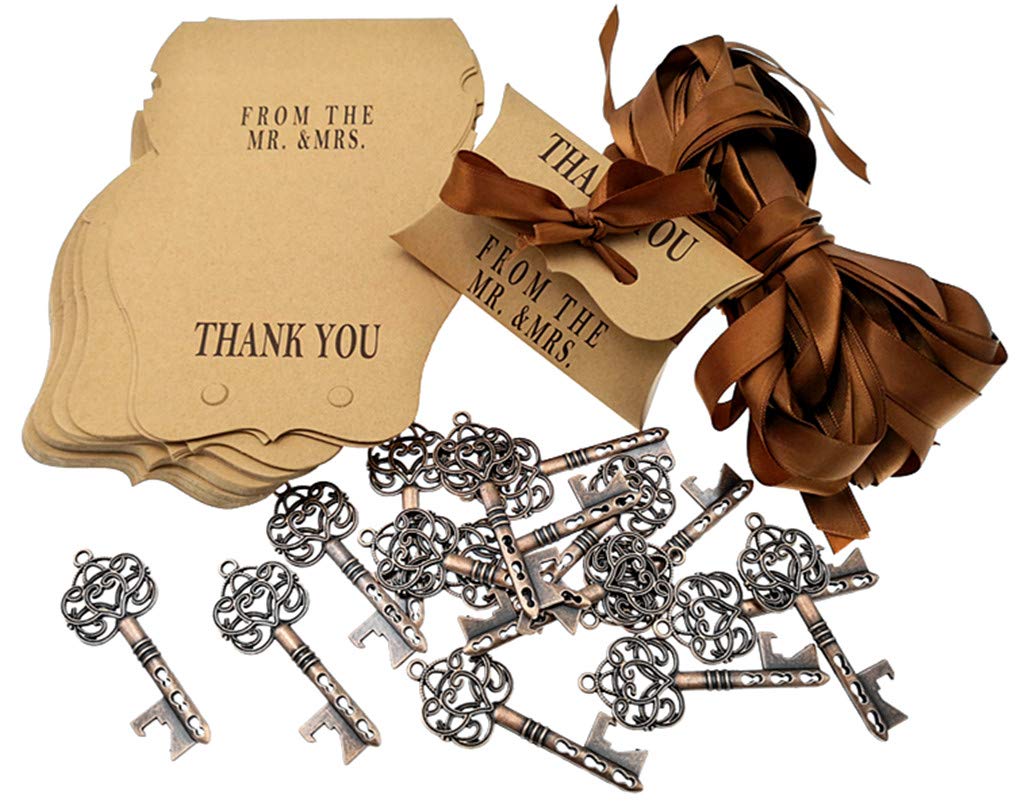 50pcs Skeleton Key Bottle Opener Wedding Party Favor Souvenir Gift with Candy Box and Ribbon(Antique Copper)