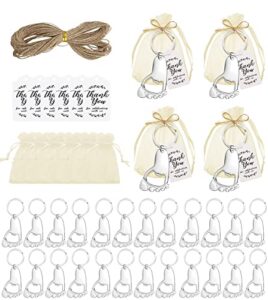 mrn beauty 50 pieces footprint bottle opener keychain baby shower and gender reveal party return gifts for guests footprint bottle opener keychain with 100 organza bags and thank you tags. (silver)