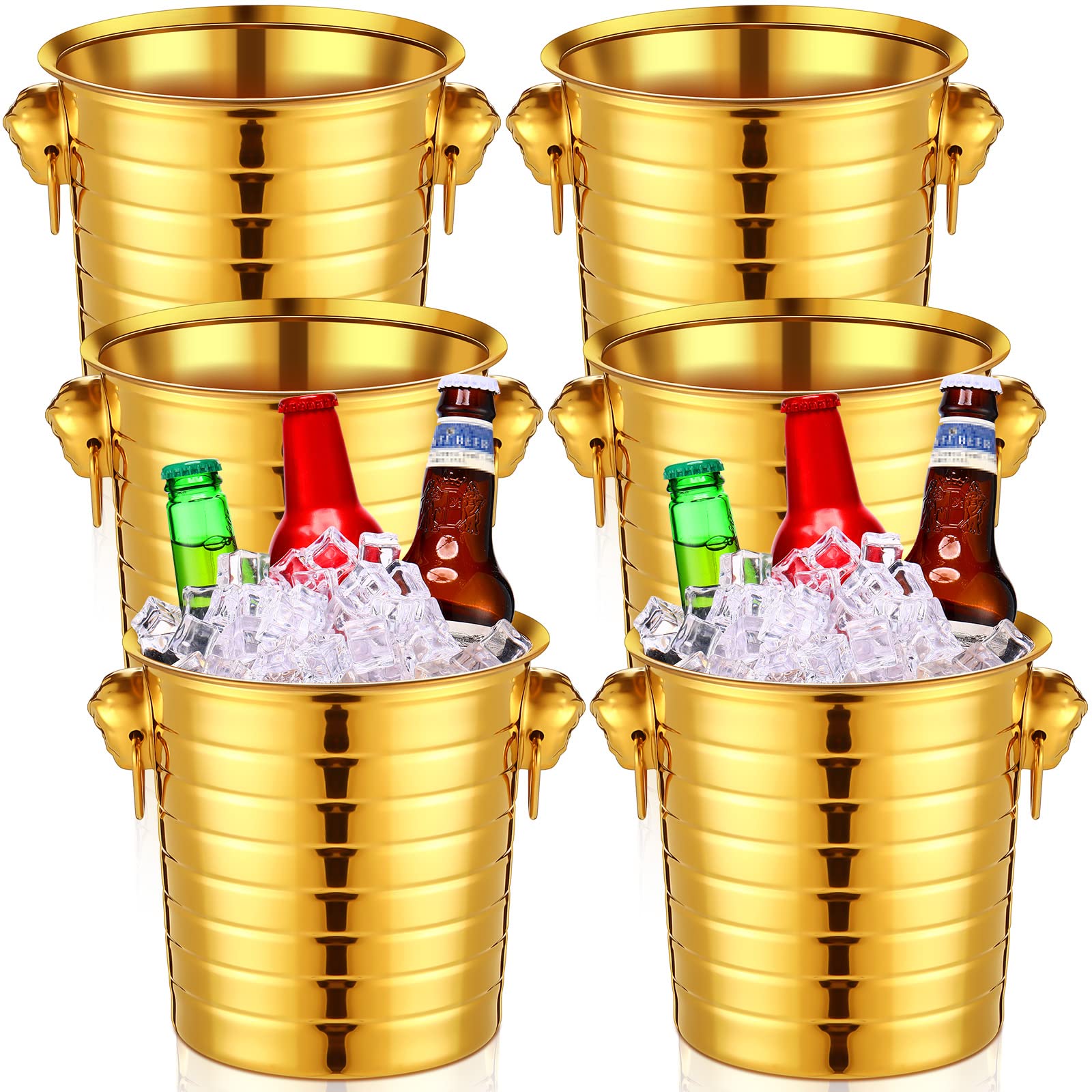 Pinkunn 6 Pack Gold Stainless Steel Champagne Bucket 3 Qt Metal Ice Bucket Double Wall Wine Bucket with Handles Party Beverage Chiller for Champagne Beer Cocktail Wine Drinks Home Bar Accessories