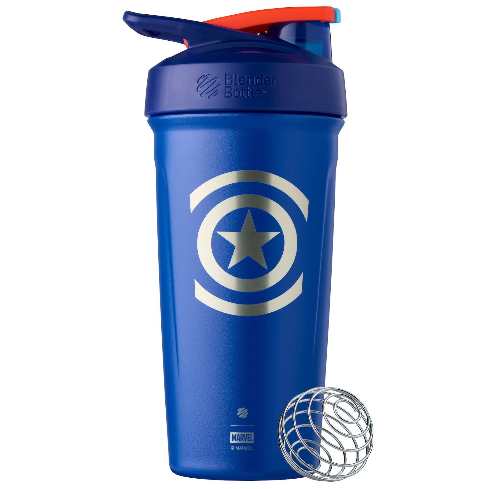 BlenderBottle Marvel Strada Shaker Cup Insulated Stainless Steel Water Bottle with Wire Whisk, 24-Ounce, Captain America Shield