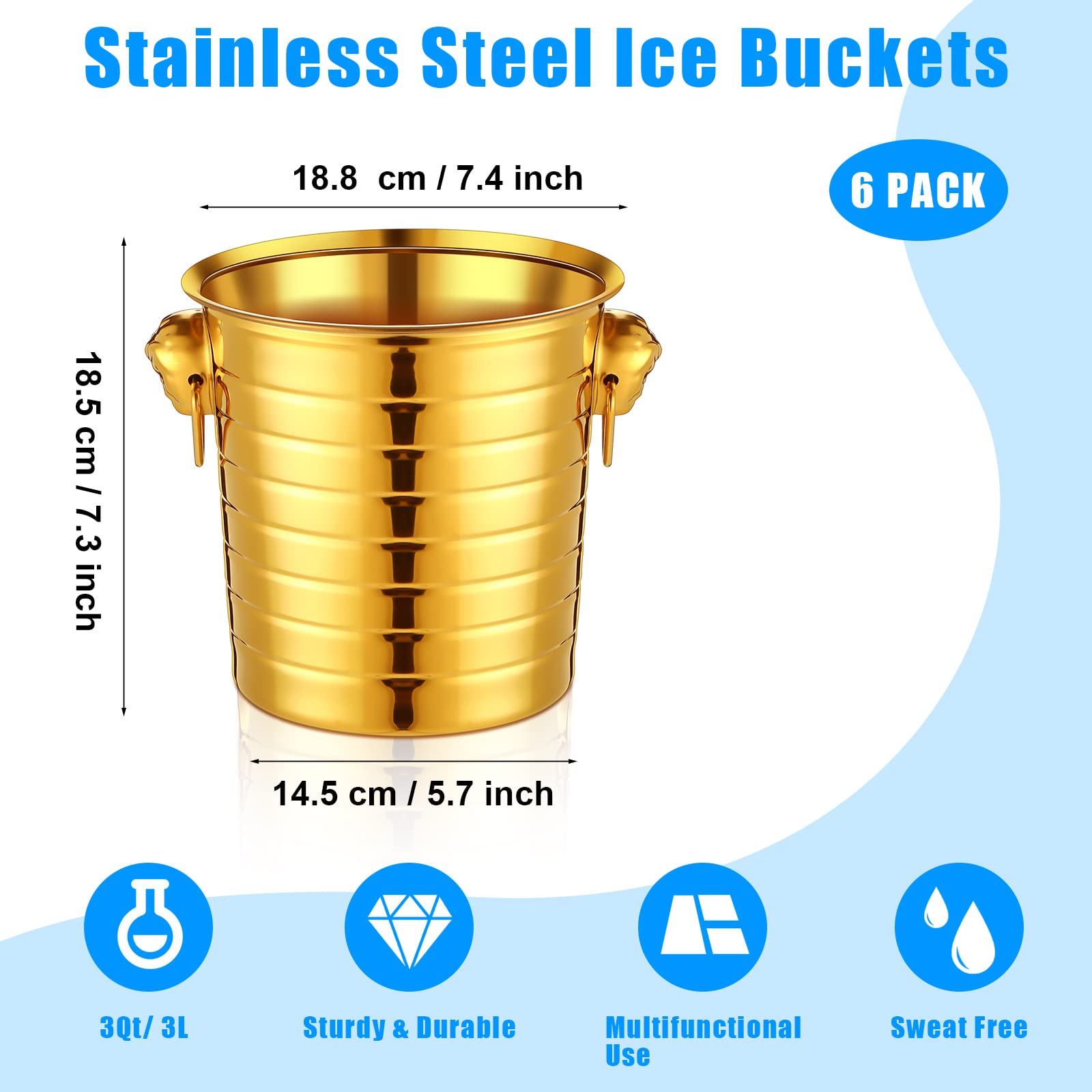 Pinkunn 6 Pack Gold Stainless Steel Champagne Bucket 3 Qt Metal Ice Bucket Double Wall Wine Bucket with Handles Party Beverage Chiller for Champagne Beer Cocktail Wine Drinks Home Bar Accessories