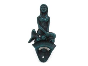 hampton nautical seaworn blule wall mounted mermaid bottle opener 6"-vintage cast iron decor-sea life