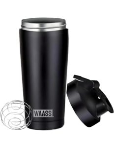 waass double wall, stainless steel vacuum insulated protein shaker bottle with mixer ball for gym - leakproof one-click lid - bpa-free metal smoothie cup for hot & cold drinks (black)