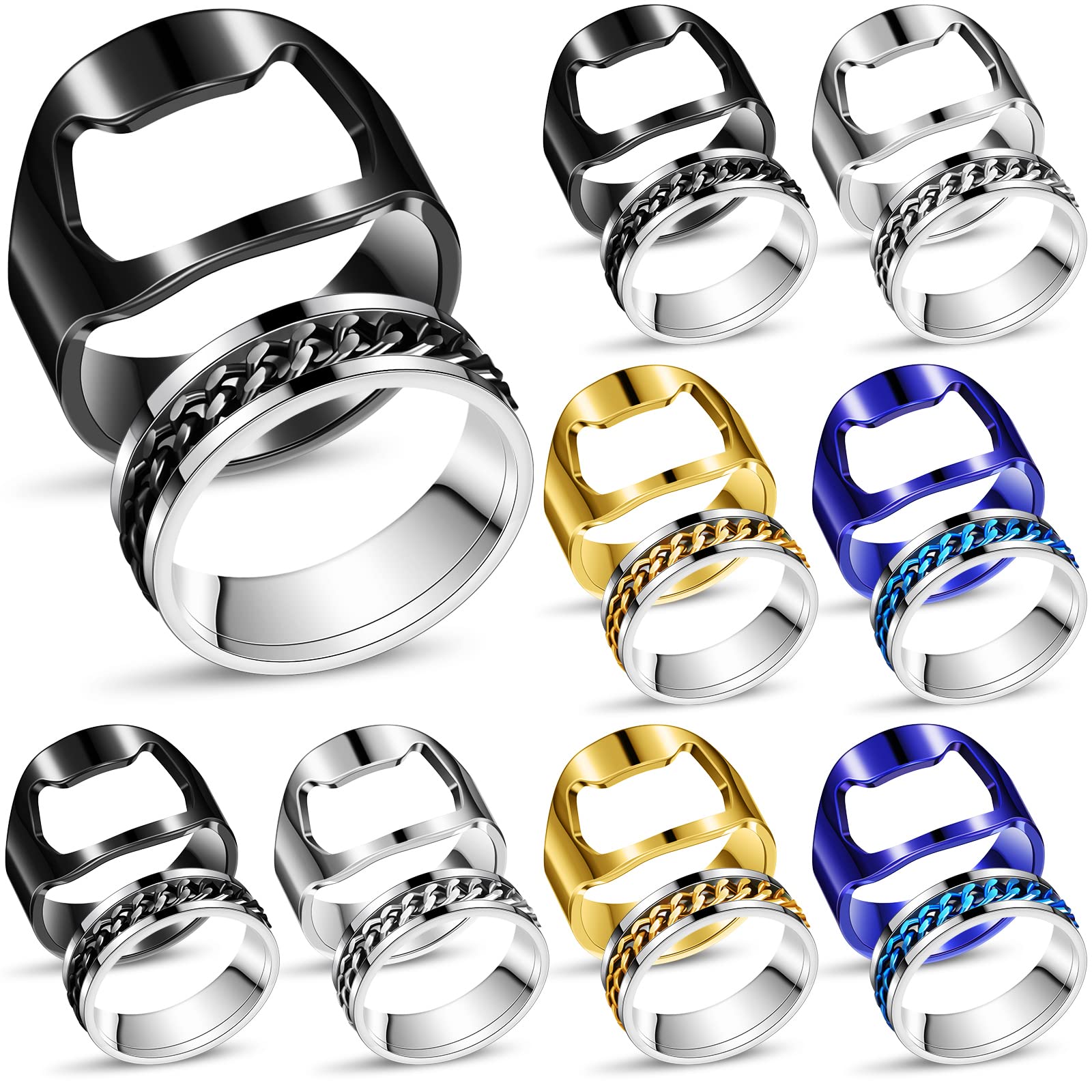 Inbagi 16 Pieces Bottle Opener Ring for Men Women Spinner Rings Stainless Steel Chain Inlay Rotating Beer Bottle Opener Rings Set Colorful Finger Bottle Opener for Gift Party Family Supplies