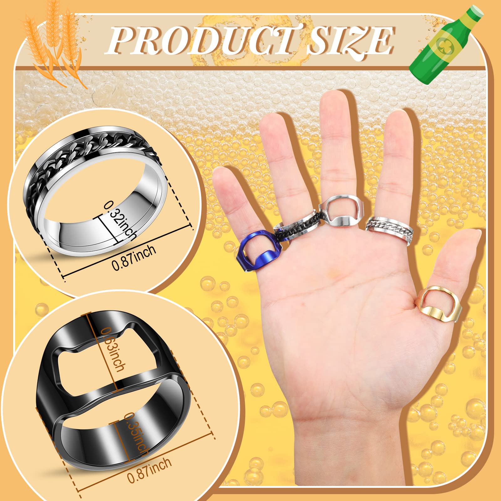 Inbagi 16 Pieces Bottle Opener Ring for Men Women Spinner Rings Stainless Steel Chain Inlay Rotating Beer Bottle Opener Rings Set Colorful Finger Bottle Opener for Gift Party Family Supplies