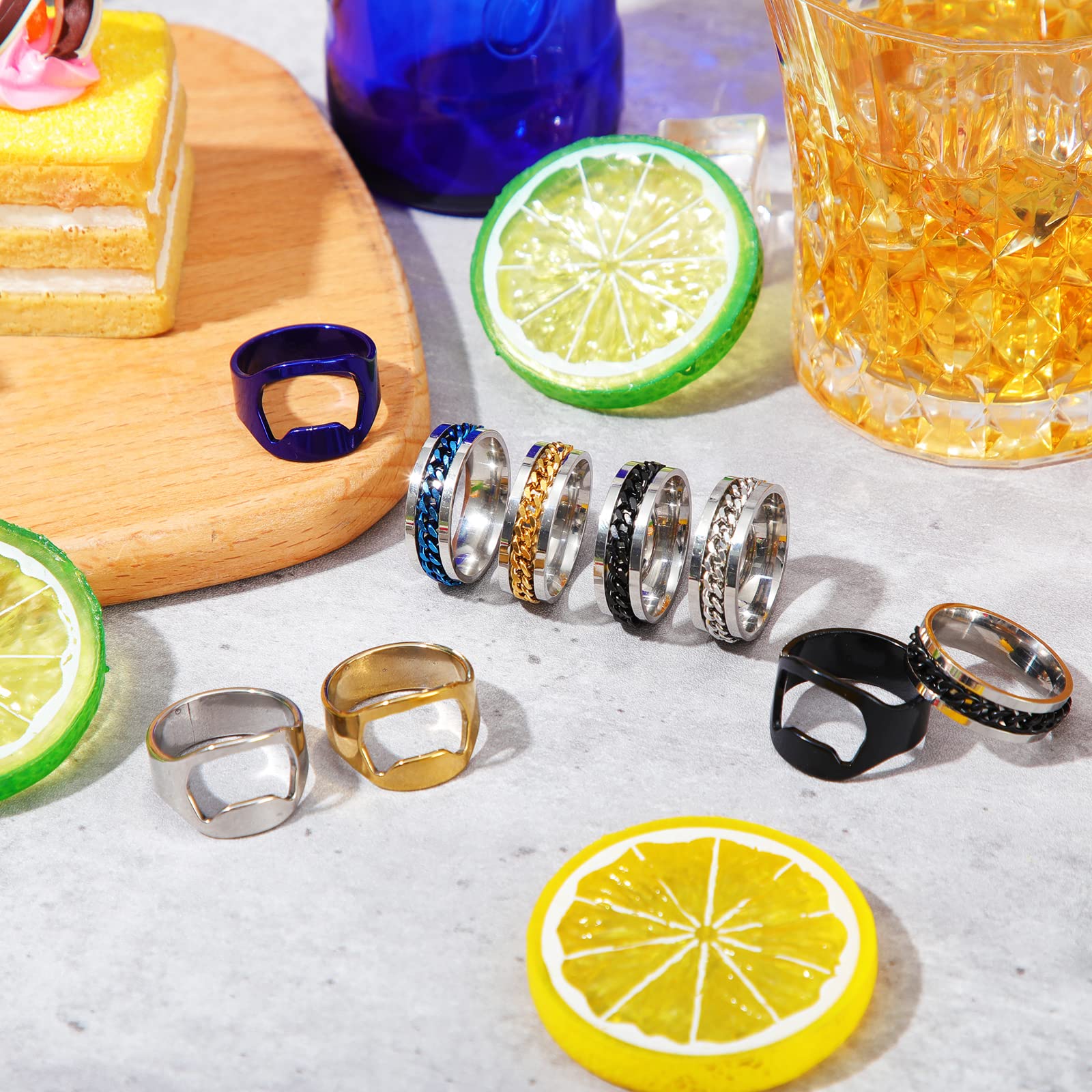 Inbagi 16 Pieces Bottle Opener Ring for Men Women Spinner Rings Stainless Steel Chain Inlay Rotating Beer Bottle Opener Rings Set Colorful Finger Bottle Opener for Gift Party Family Supplies