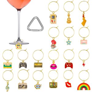 18 pcs wine glass charms set 80's vintage markers wine glass rings tag identification with buckle and drawstring bag for stem glasses, bachelorette party, wine tasting party favors decorations