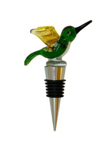 stainless steel wine bottle stopper with hand made glass figurine (hummingbird)
