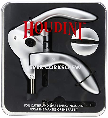 Houdini Lever Corkscrew with Foil Cutter and Extra Spiral (Silver)