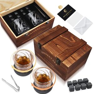 fortuning's jds whiskey glass set for father's day, 2 rotatable whisky glasses as retirement gifts with 10 oz old fashioned scotch liquor glasses, ideal whiskey gift for men, husband