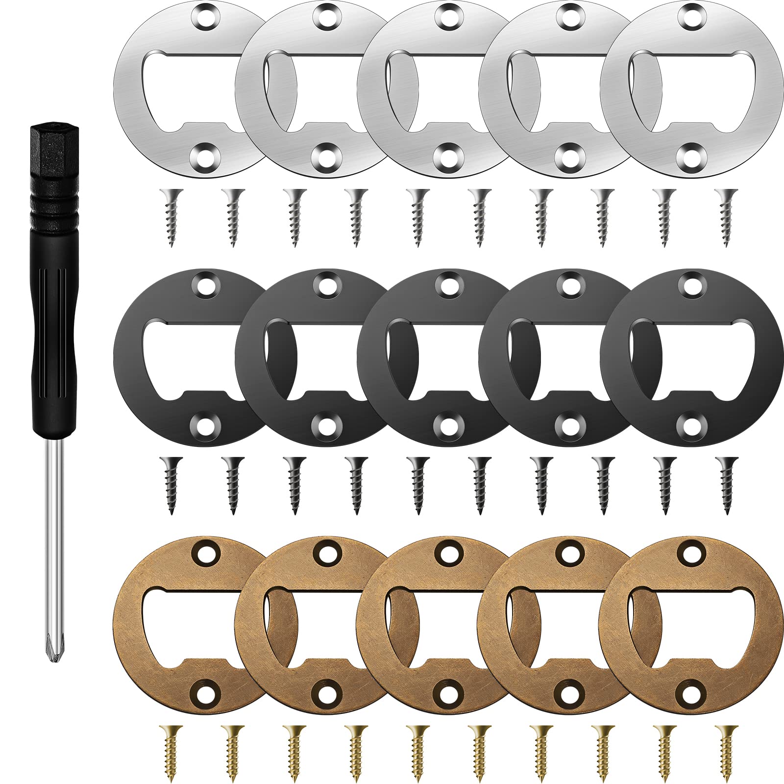 15 Sets Bottle Opener Inserts Kit Stainless Steel Round Bottle Opener Metal Round Opener Inserts with Screws and Screwdriver for Bottle Opener DIY Resin Mould Kit (Black, Silver, Bronze)