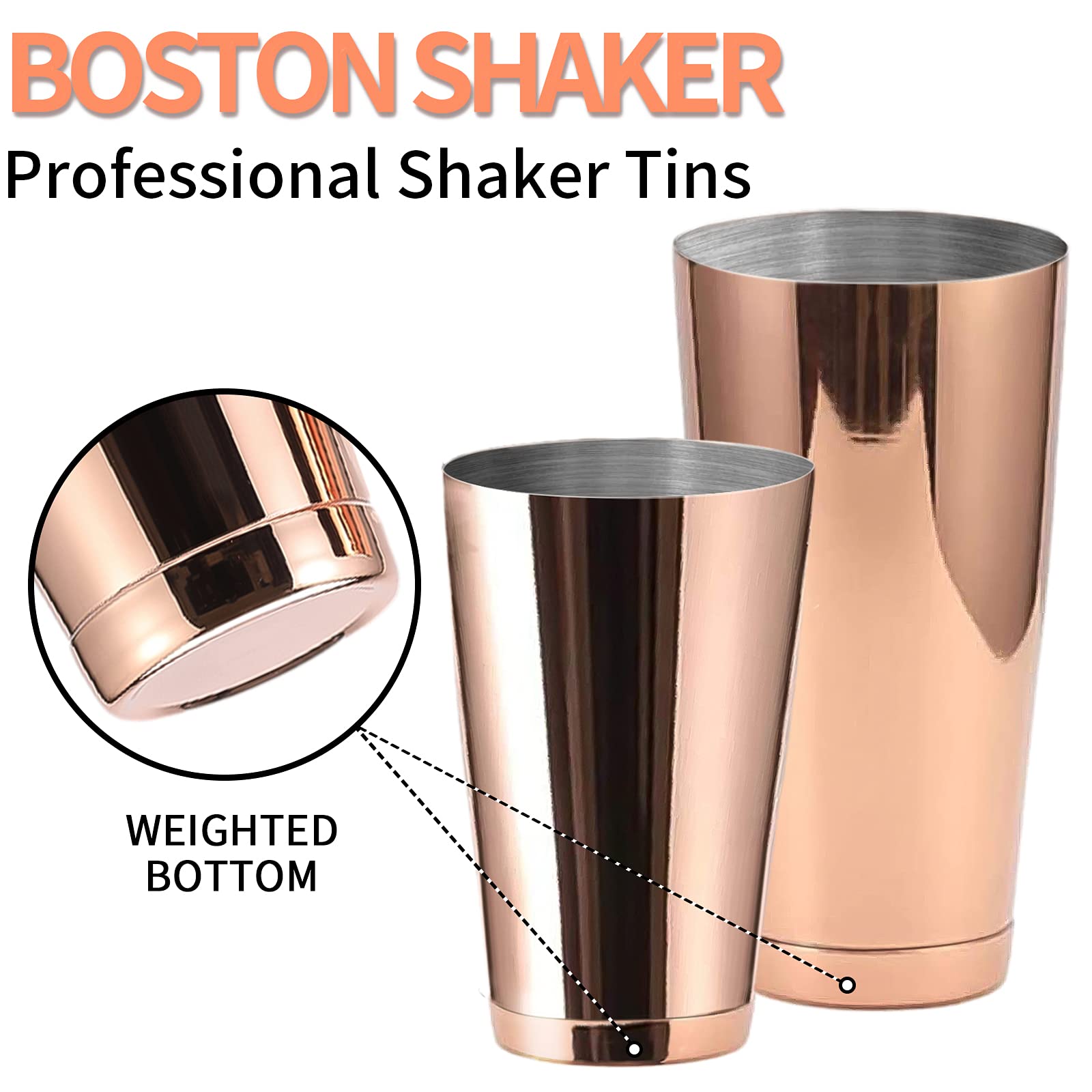 Stainless Steel Pro Boston Shaker - 2 Piece Unweighted 18oz & Weighted 28oz Martini Drink Shaker Kit for Bartender - Copper